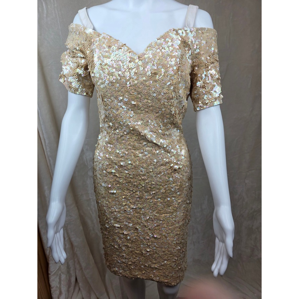 Vintage Sequin Off Shoulder V Neck‎ Cocktail Dress Gold Formal Evening Size 6